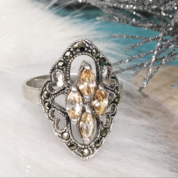 925 Sterling Silver Real Marcasite Gemstone Openwork Ring Size 8.5